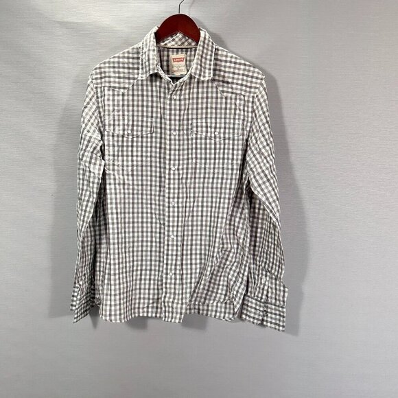 Levis Shirt Mens Medium Gray Gingham Check Long Sleeve Western Pearl Snap Pocket - Picture 1 of 8